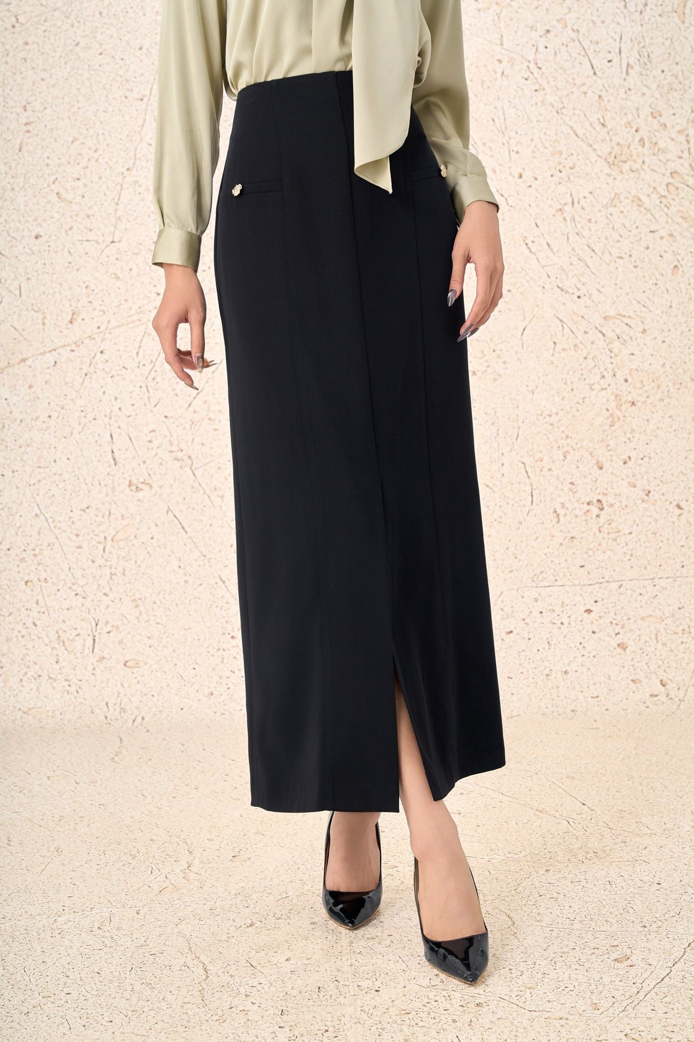 FJD31332 - Chân váy dài công sở vải thô dáng suông eo váy đính khuy đá tạo kiểu khóa thân sau - PANTIO