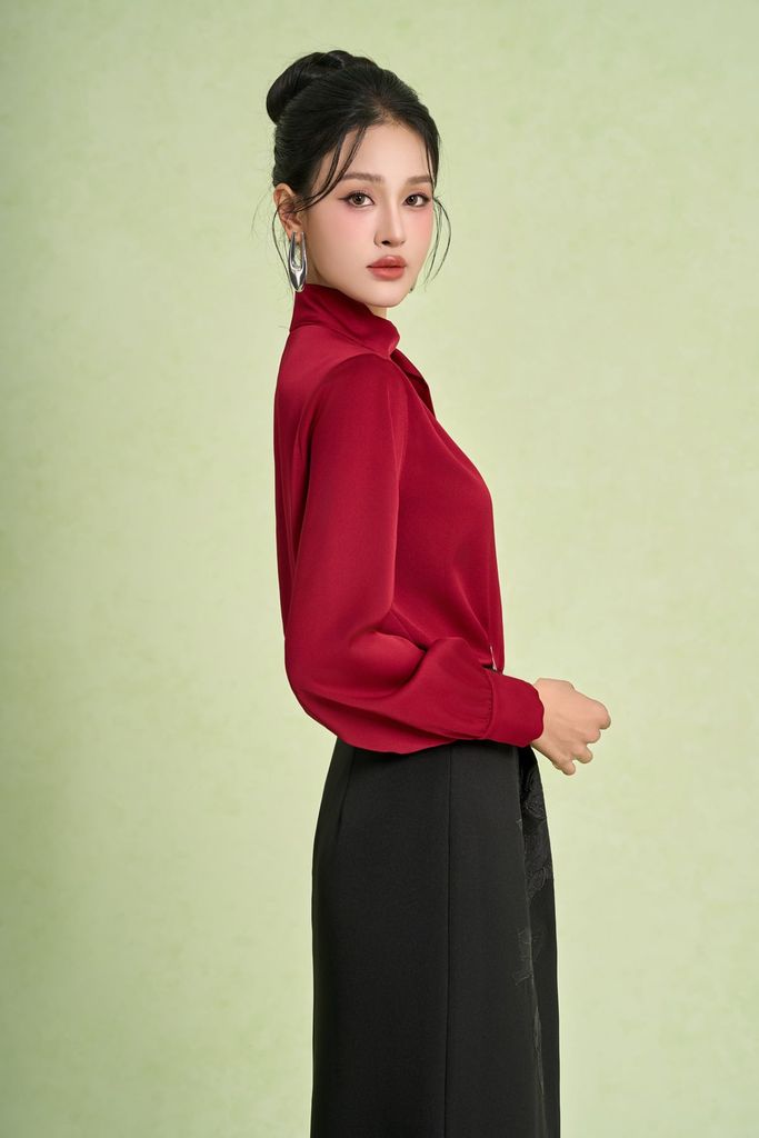 FAS94105 - Áo sơ mi công sở vải lụa satin dáng suông cổ xẻ V phối dây lụa thắt tạo kiểu tay dài phối măng sec - PANTIO