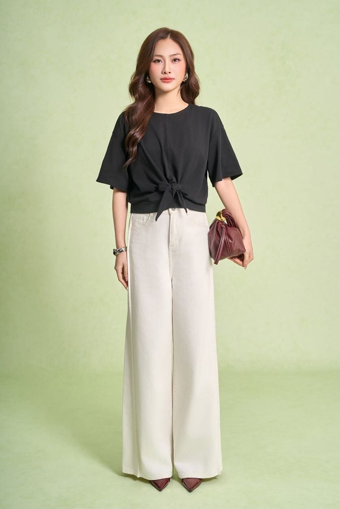 FAT1594 - Áo thun dệt kim vải cotton dáng ngắn cổ tròn tay lửng gấu áo bo chun phối vạt thắt tạo kiểu - PANTIO