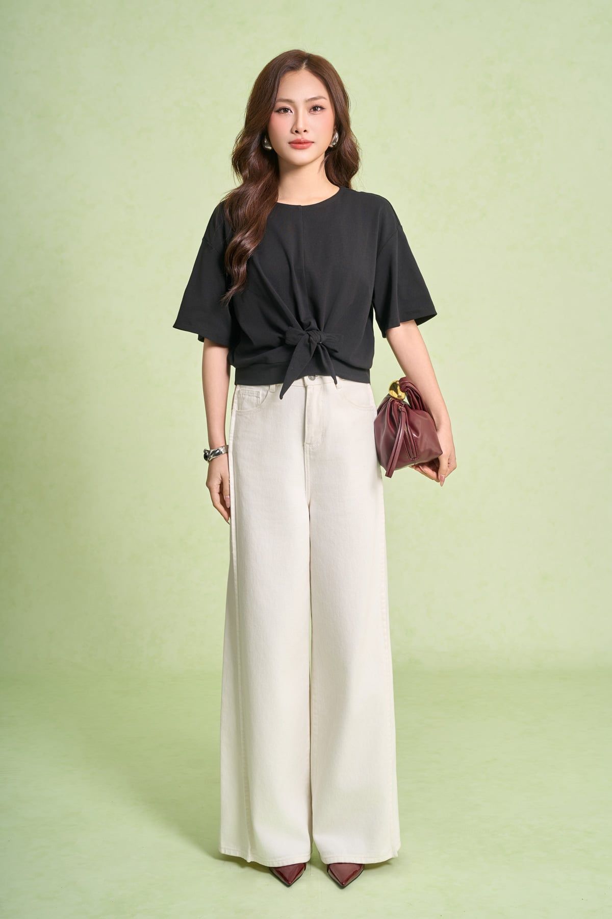 FAT1594 - Áo thun dệt kim vải cotton dáng ngắn cổ tròn tay lửng gấu áo bo chun phối vạt thắt tạo kiểu - PANTIO