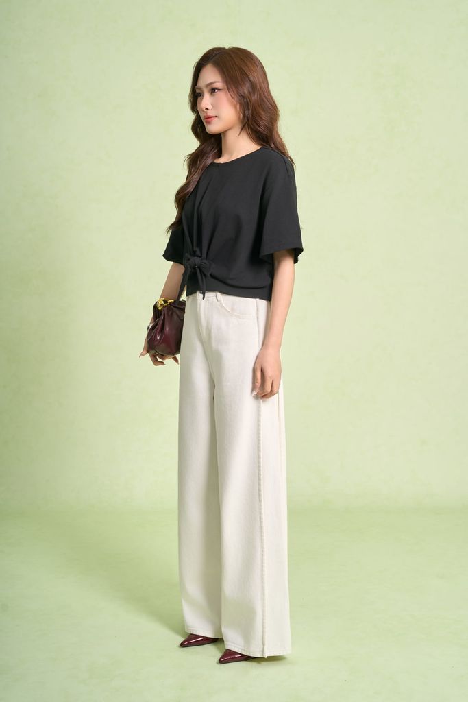 FAT1594 - Áo thun dệt kim vải cotton dáng ngắn cổ tròn tay lửng gấu áo bo chun phối vạt thắt tạo kiểu - PANTIO