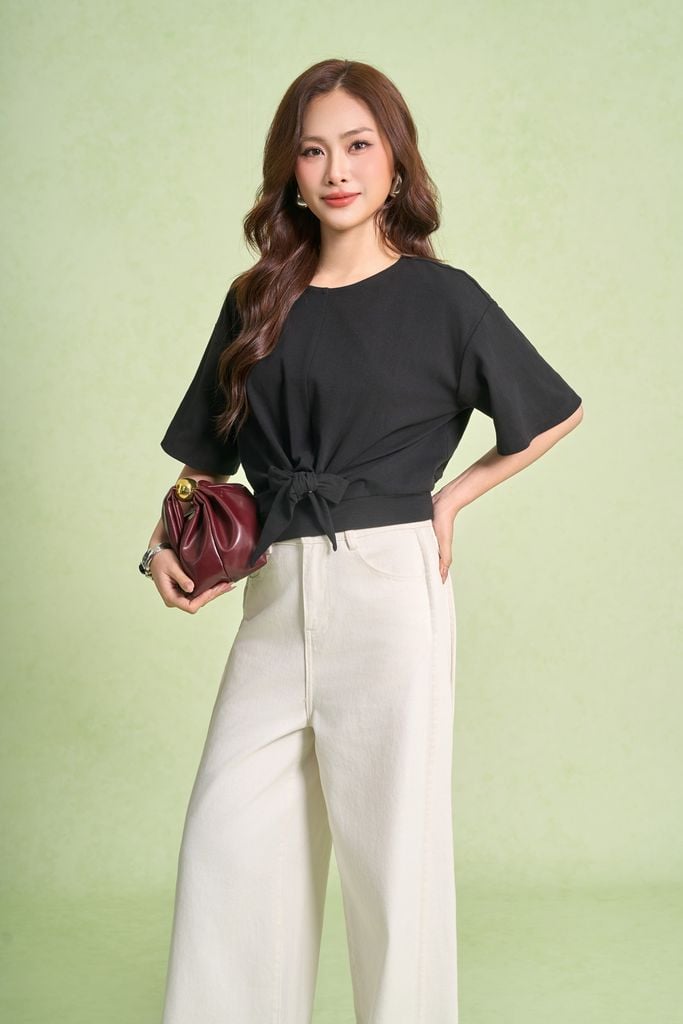 FAT1594 - Áo thun dệt kim vải cotton dáng ngắn cổ tròn tay lửng gấu áo bo chun phối vạt thắt tạo kiểu - PANTIO