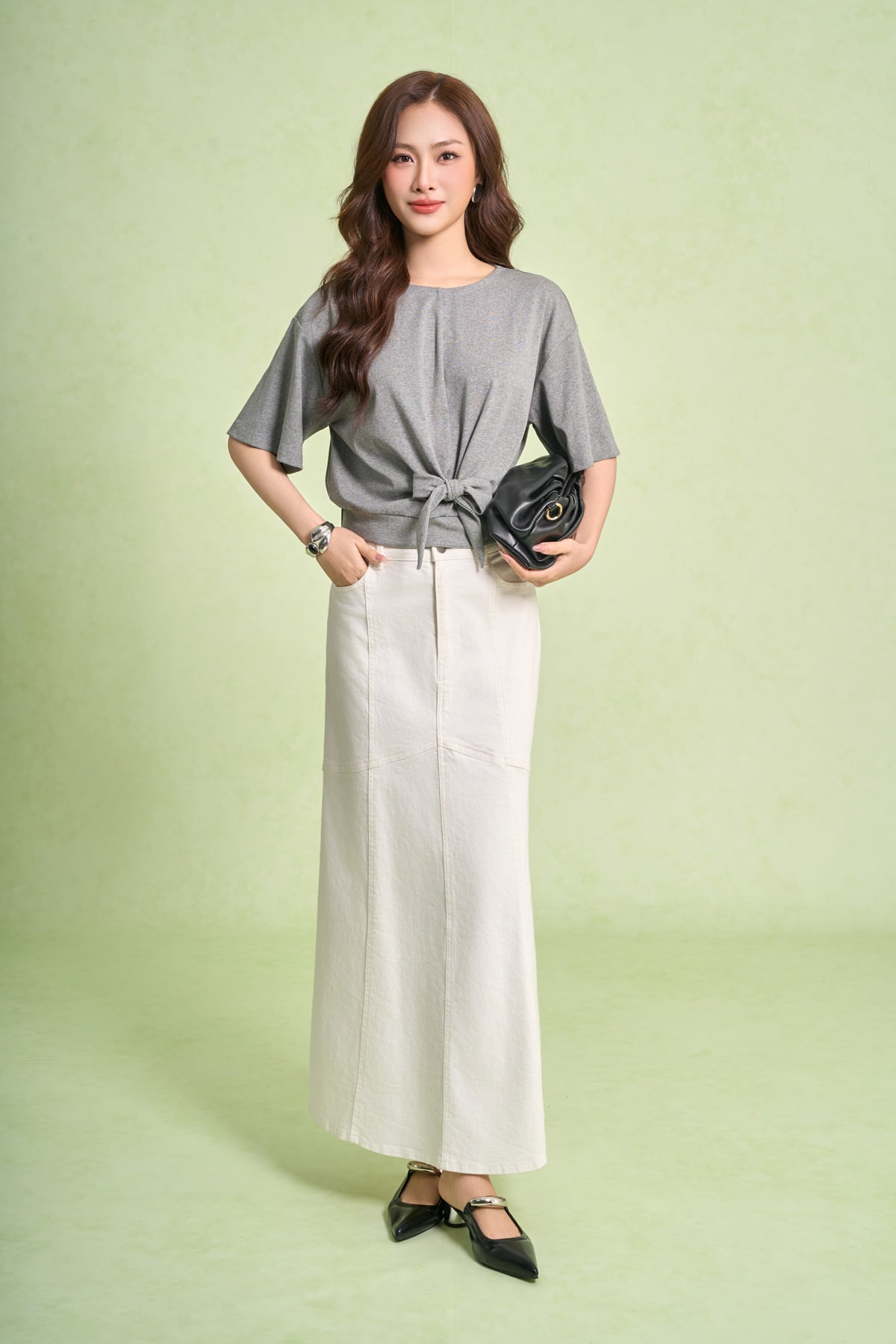 FAT1594 - Áo thun dệt kim vải cotton dáng ngắn cổ tròn tay lửng gấu áo bo chun phối vạt thắt tạo kiểu - PANTIO