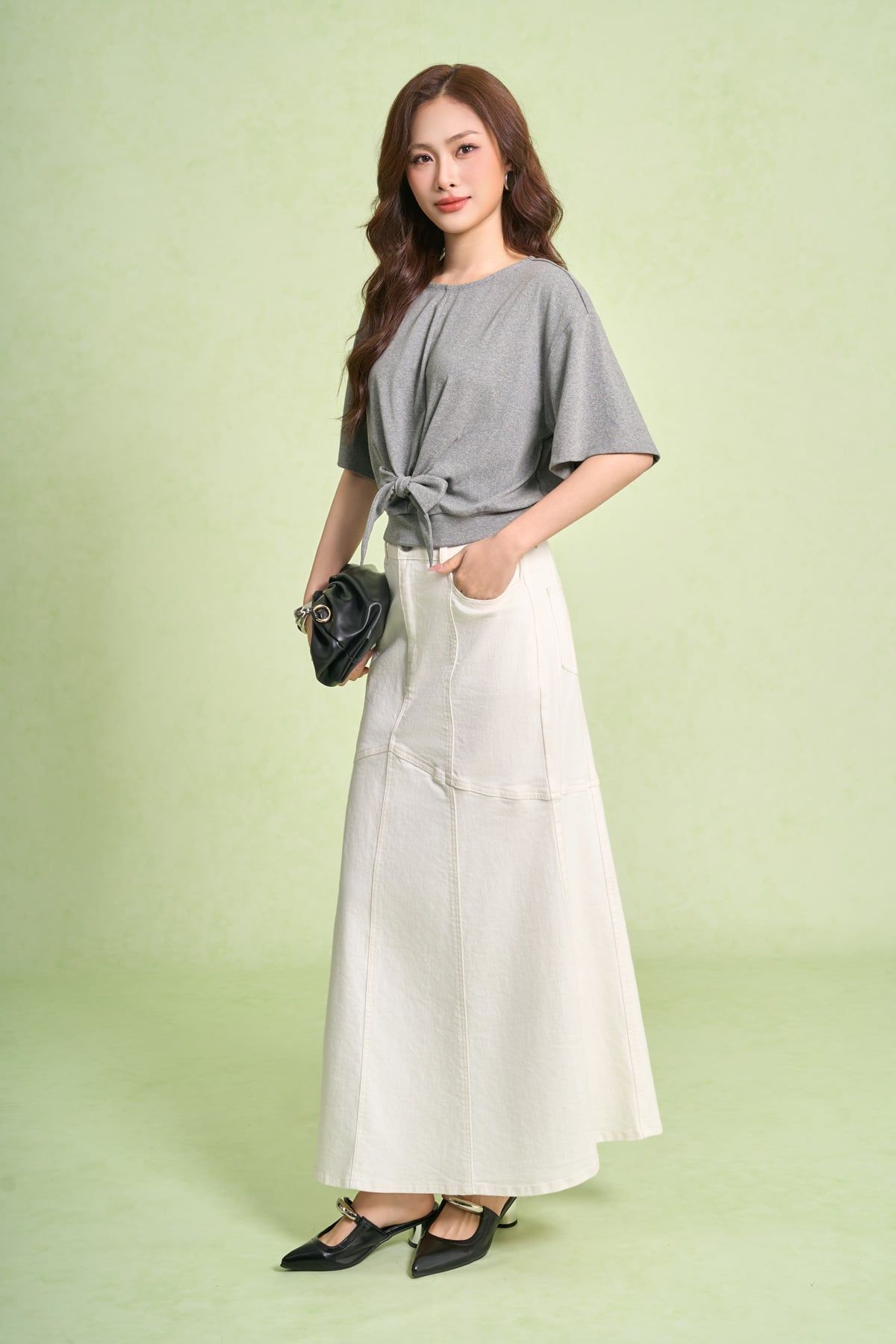 FAT1594 - Áo thun dệt kim vải cotton dáng ngắn cổ tròn tay lửng gấu áo bo chun phối vạt thắt tạo kiểu - PANTIO