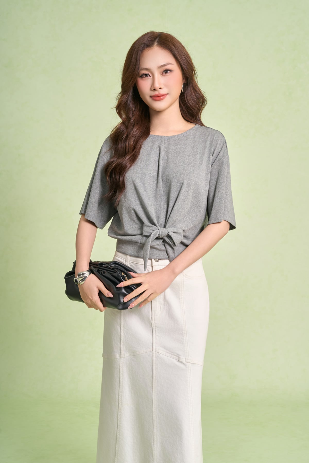 FAT1594 - Áo thun dệt kim vải cotton dáng ngắn cổ tròn tay lửng gấu áo bo chun phối vạt thắt tạo kiểu - PANTIO