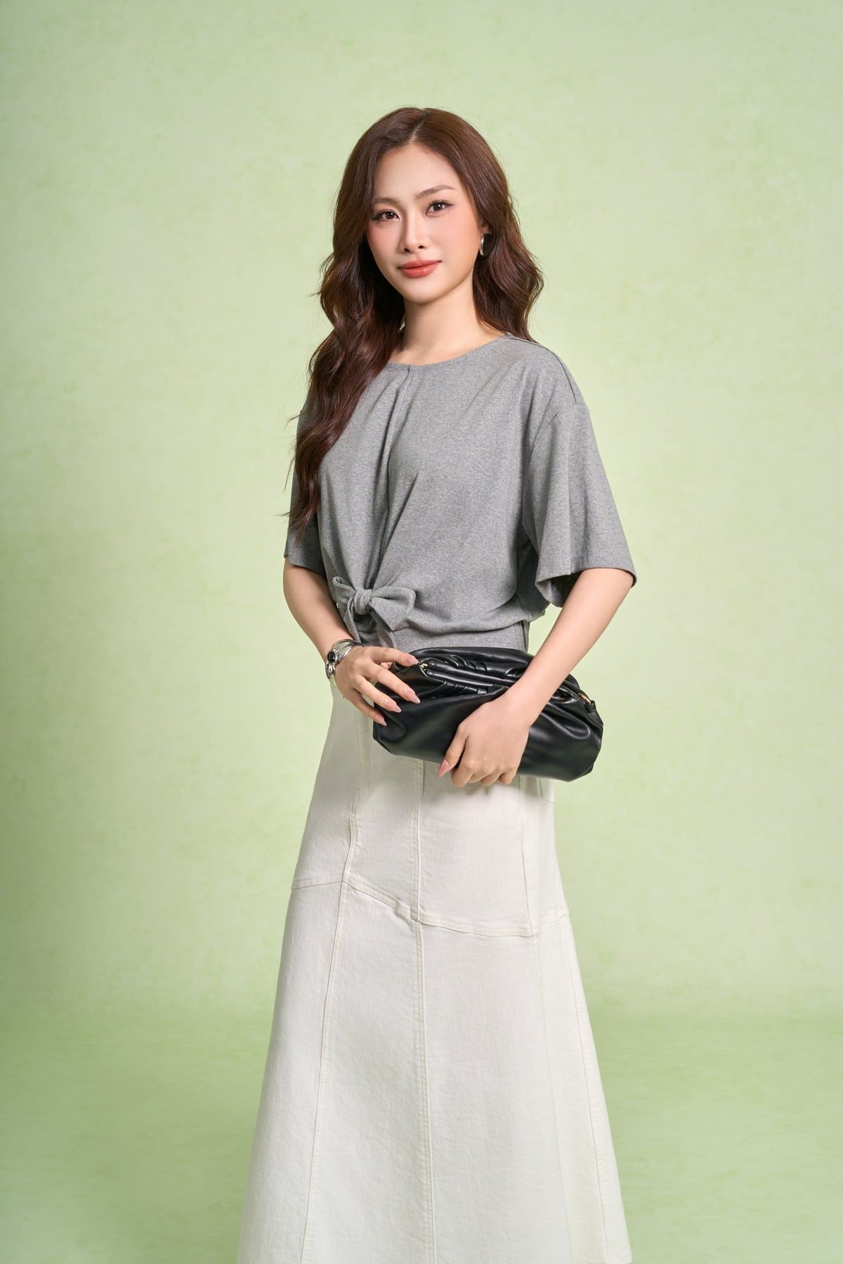 FAT1594 - Áo thun dệt kim vải cotton dáng ngắn cổ tròn tay lửng gấu áo bo chun phối vạt thắt tạo kiểu - PANTIO