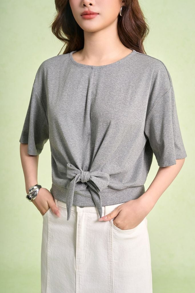 FAT1594 - Áo thun dệt kim vải cotton dáng ngắn cổ tròn tay lửng gấu áo bo chun phối vạt thắt tạo kiểu - PANTIO