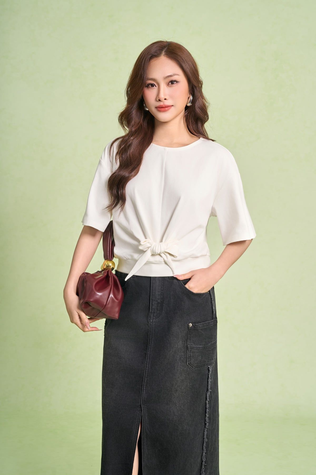 FAT1594 - Áo thun dệt kim vải cotton dáng ngắn cổ tròn tay lửng gấu áo bo chun phối vạt thắt tạo kiểu - PANTIO