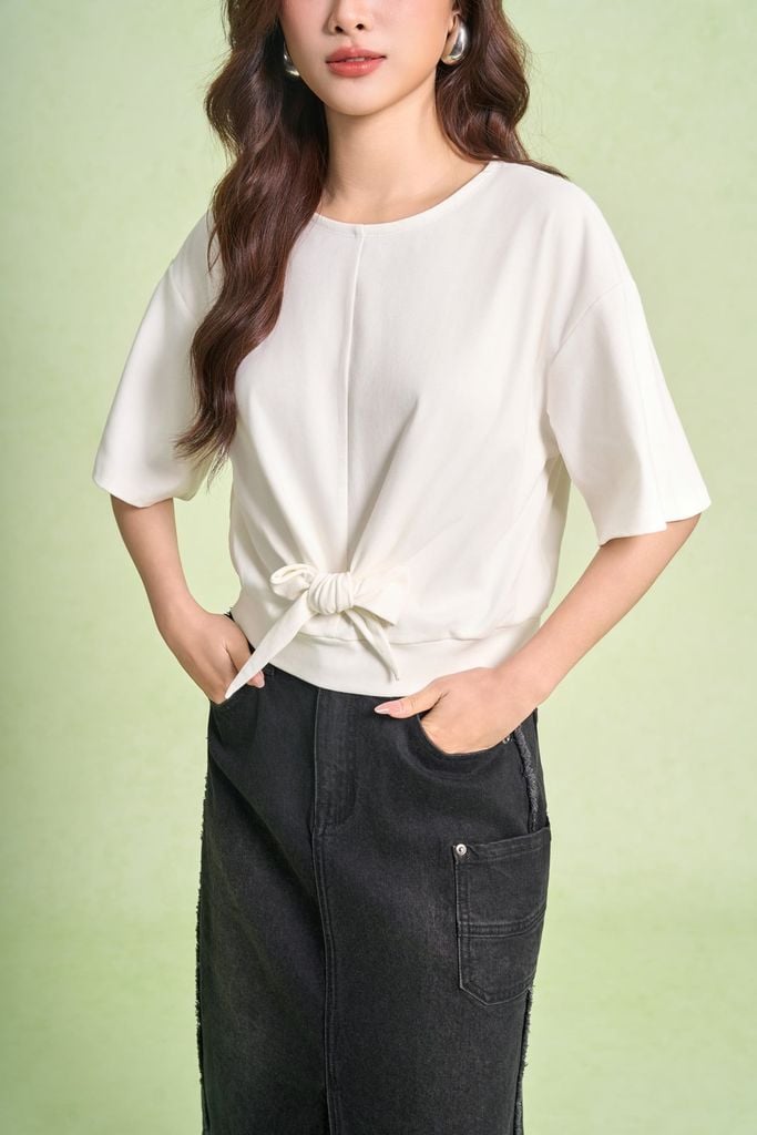 FAT1594 - Áo thun dệt kim vải cotton dáng ngắn cổ tròn tay lửng gấu áo bo chun phối vạt thắt tạo kiểu - PANTIO