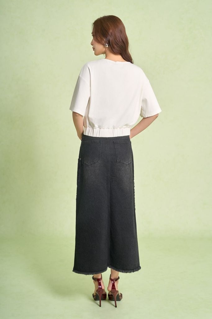 FAT1594 - Áo thun dệt kim vải cotton dáng ngắn cổ tròn tay lửng gấu áo bo chun phối vạt thắt tạo kiểu - PANTIO