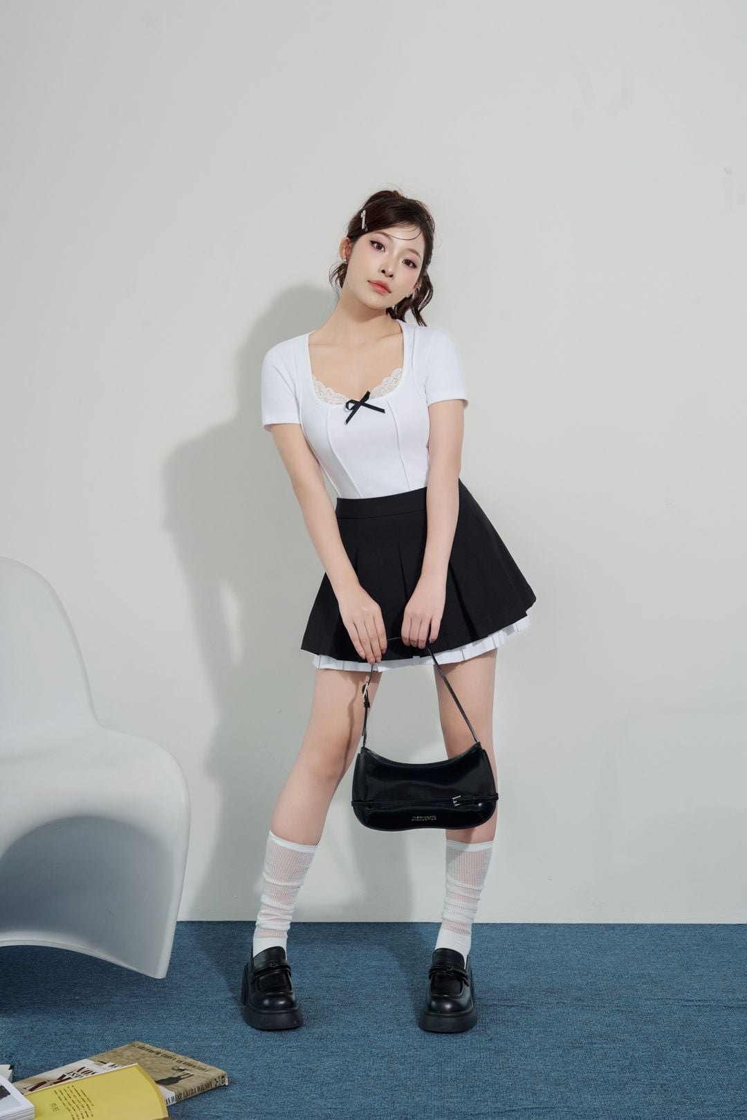 FJN5701 - Chân váy xếp ly nữ vải thô dáng xòe cạp trễ, phối vải thô trắng hiệu ứng 2 tầng, khóa giọt lệ thân sau - JAN.