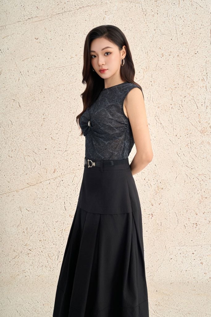 FAT3478 - Áo thun dệt kim vải len nhũ dáng ôm cổ tròn không tay ngực áo vặn nhún đính đá tạo kiểu - PANTIO