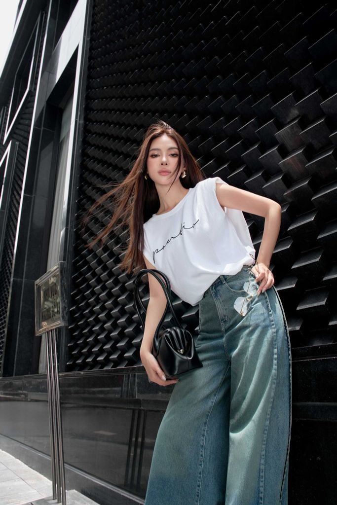 FAT3482 - Áo thun thời trang vải cotton mỏng cổ tròn vai chờm có đệm vai gấu áo phối dây chun rút tạo kiểu - PANTIO