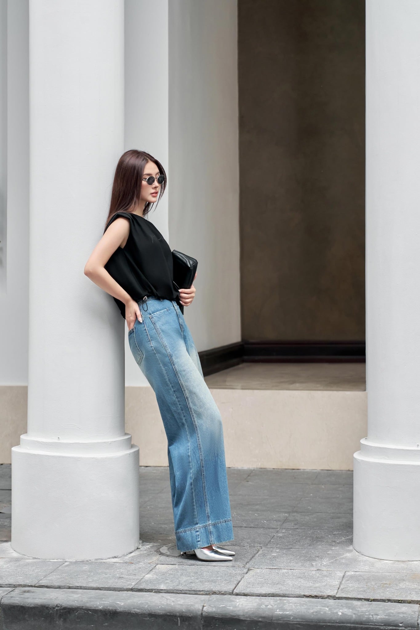 FQB203 - Quần jean dạo phố vải denim dáng suông ống rộng lên gấu tạo kiểu khóa thân trước - PANTIO