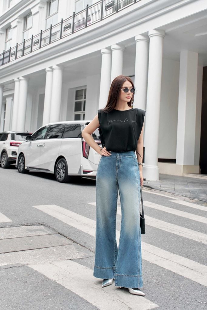 FQB203 - Quần jean dạo phố vải denim dáng suông ống rộng lên gấu tạo kiểu khóa thân trước - PANTIO