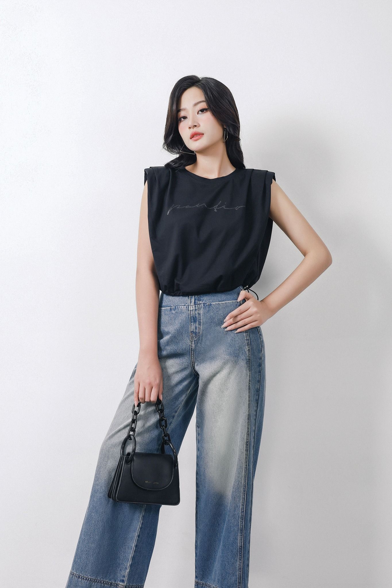 FAT3482 - Áo thun thời trang vải cotton mỏng cổ tròn vai chờm có đệm vai gấu áo phối dây chun rút tạo kiểu - PANTIO