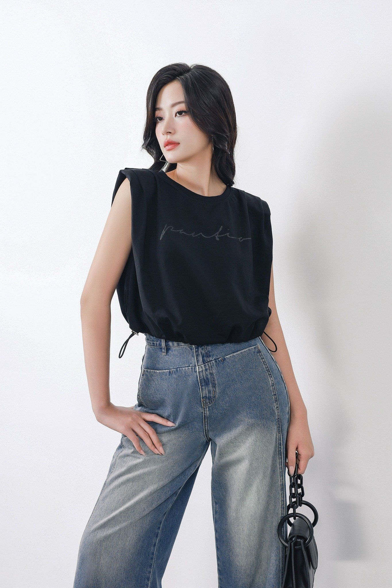FAT3482 - Áo thun thời trang vải cotton mỏng cổ tròn vai chờm có đệm vai gấu áo phối dây chun rút tạo kiểu - PANTIO