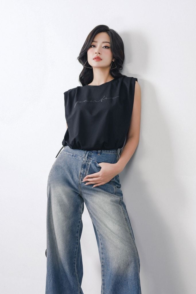 FAT3482 - Áo thun thời trang vải cotton mỏng cổ tròn vai chờm có đệm vai gấu áo phối dây chun rút tạo kiểu - PANTIO