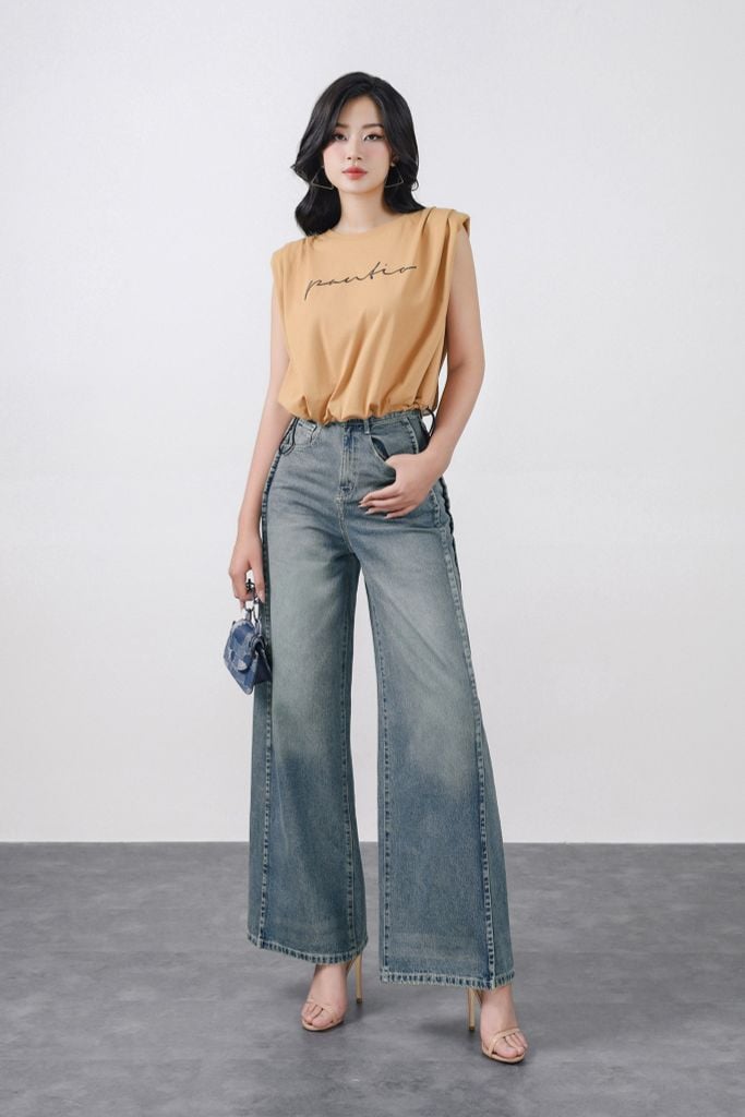 FQB202 - Quần jean dạo phố vải denim dáng suông ống rộng phối đường gân thời trang khoá thân trước - PANTIO