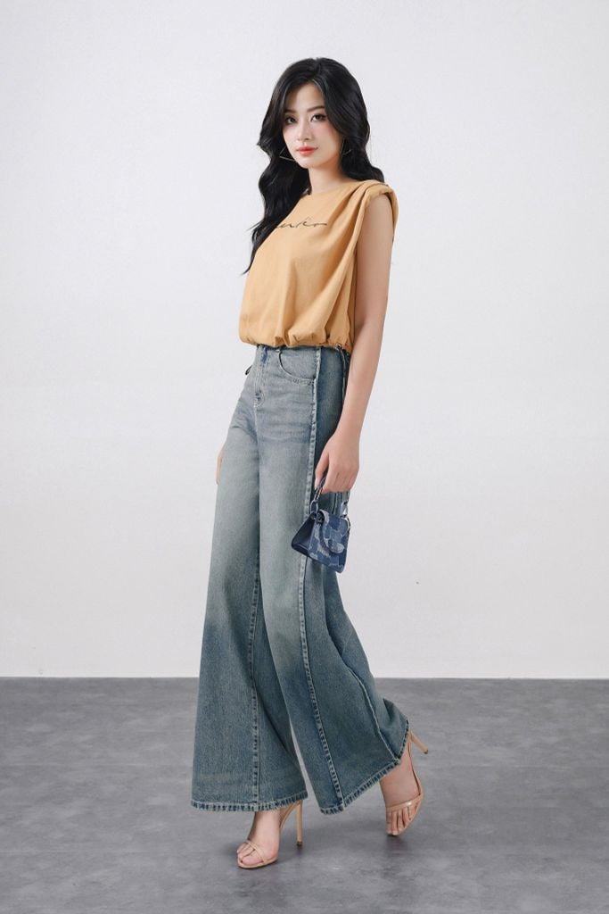 FAT3482 - Áo thun thời trang vải cotton mỏng cổ tròn vai chờm có đệm vai gấu áo phối dây chun rút tạo kiểu - PANTIO