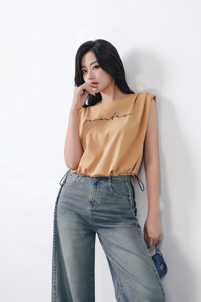 FAT3482 - Áo thun thời trang vải cotton mỏng cổ tròn vai chờm có đệm vai gấu áo phối dây chun rút tạo kiểu - PANTIO