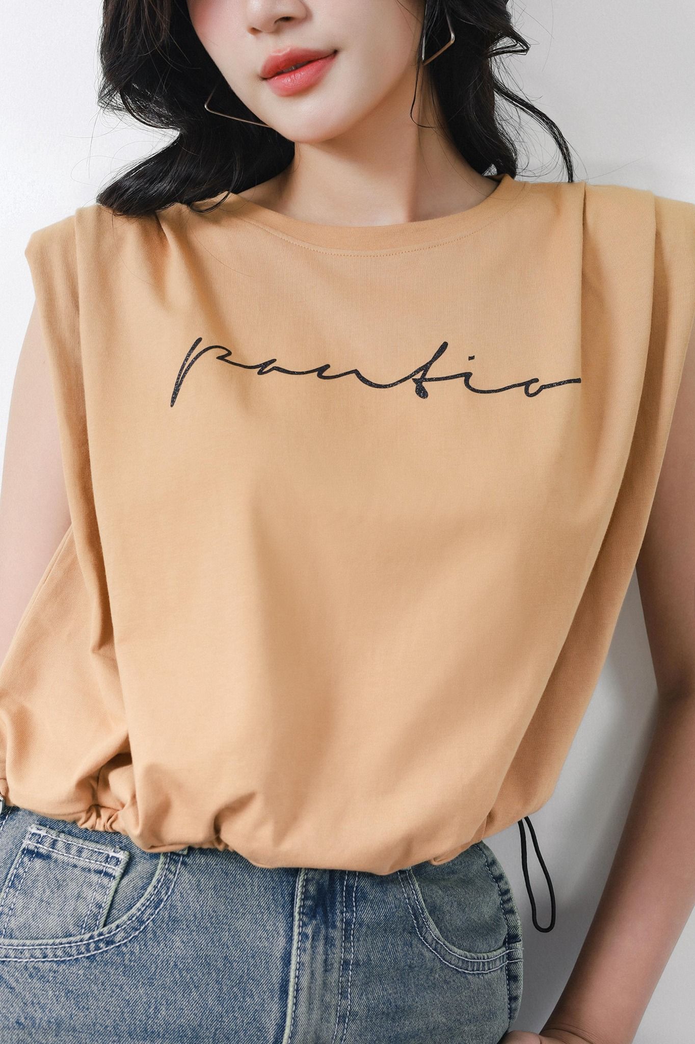 FAT3482 - Áo thun thời trang vải cotton mỏng cổ tròn vai chờm có đệm vai gấu áo phối dây chun rút tạo kiểu - PANTIO