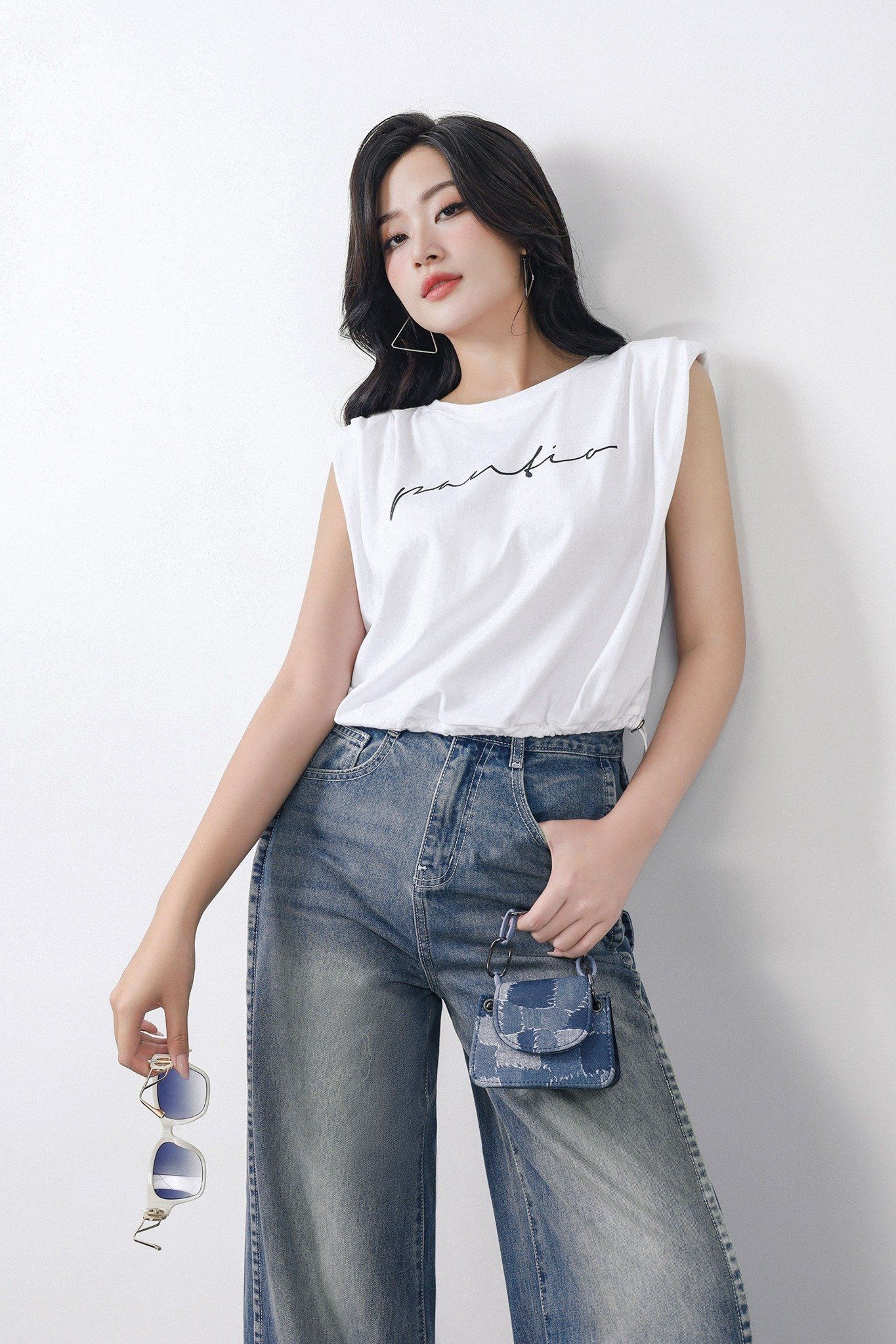 FAT3482 - Áo thun thời trang vải cotton mỏng cổ tròn vai chờm có đệm vai gấu áo phối dây chun rút tạo kiểu - PANTIO
