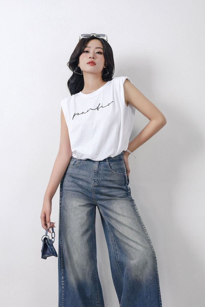 FAT3482 - Áo thun thời trang vải cotton mỏng cổ tròn vai chờm có đệm vai gấu áo phối dây chun rút tạo kiểu - PANTIO