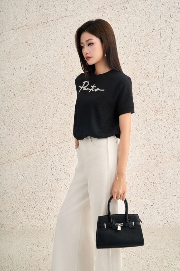 FAT3489 - Áo thun dệt kim vải len dáng ngắn cổ tròn tay cộc thân áo thêu hoạ tiết thời trang gấy áo bo chun ôm - PANTIO