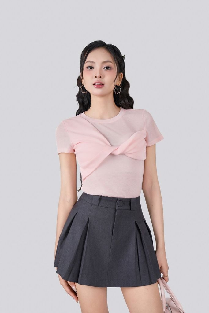 FAT3519 - Áo thun vải len cao cấp cổ tròn tay ngắn ngực phối vạt xoắn tạo kiểu - JAN.