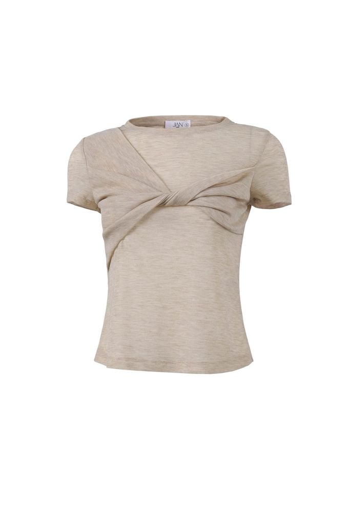 FAT3519 - Áo thun vải len cao cấp cổ tròn tay ngắn ngực phối vạt xoắn tạo kiểu - JAN.