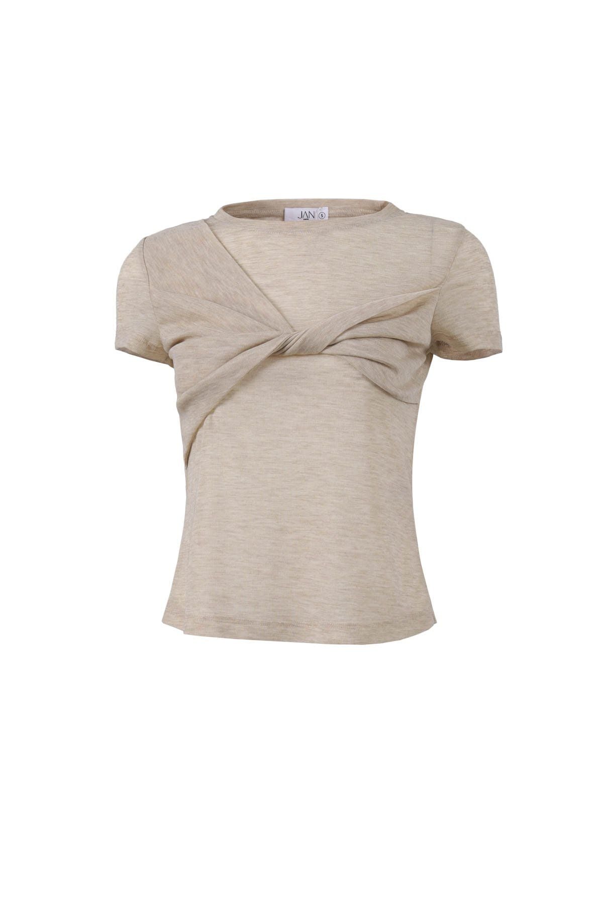 FAT3519 - Áo thun vải len cao cấp cổ tròn tay ngắn ngực phối vạt xoắn tạo kiểu - JAN.