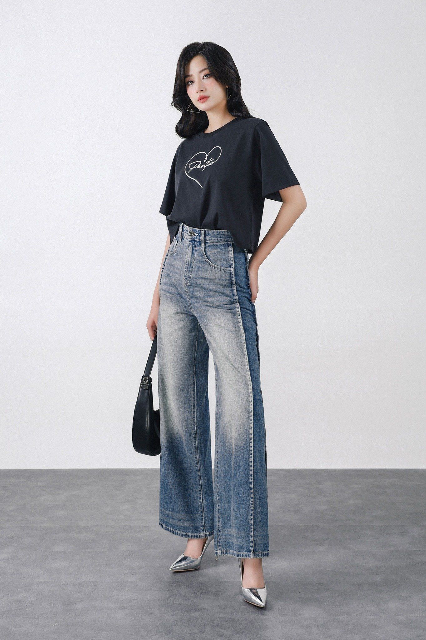 FQB202 - Quần jean dạo phố vải denim dáng suông ống rộng phối đường gân thời trang khoá thân trước - PANTIO