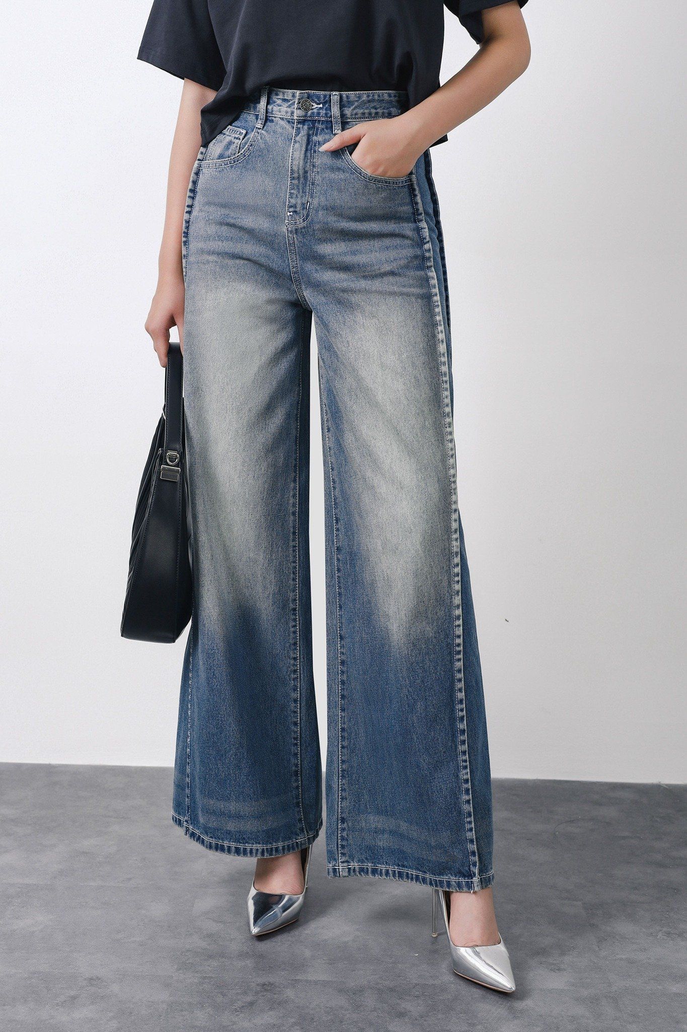 FQB202 - Quần jean dạo phố vải denim dáng suông ống rộng phối đường gân thời trang khoá thân trước - PANTIO