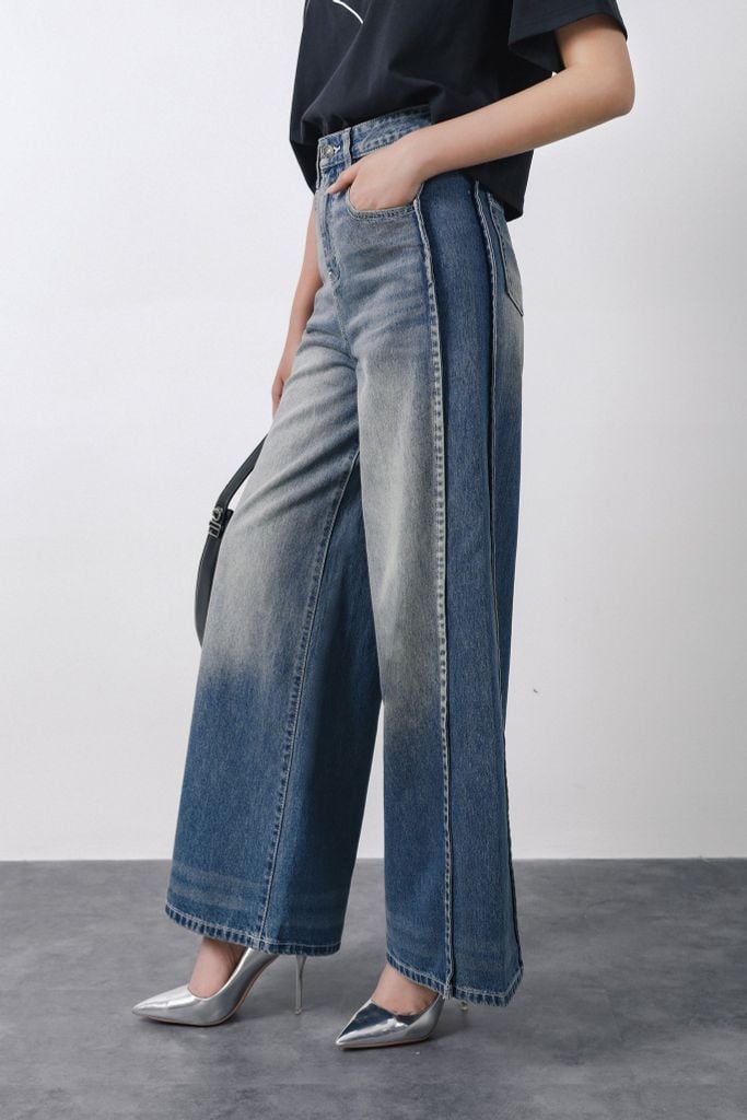 FQB202 - Quần jean dạo phố vải denim dáng suông ống rộng phối đường gân thời trang khoá thân trước - PANTIO