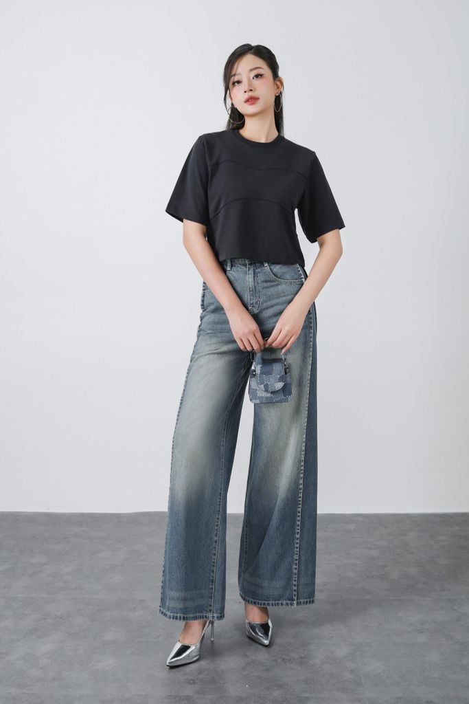 FAT3533 - Áo thun cao cấp vải cotton dáng croptop cổ tròn thân áo phối đường viền thời trang - PANTIO