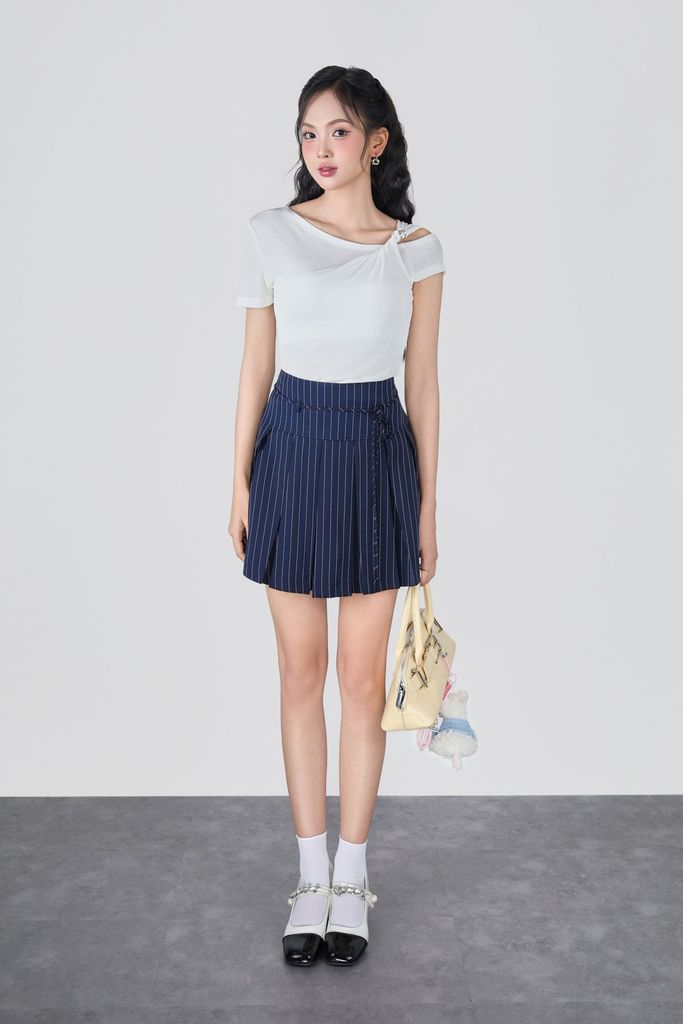BJN33518 - Chân váy ngắn vải thô kẻ cạp cao thân váy xếp ly tạo kiểu - JAN.