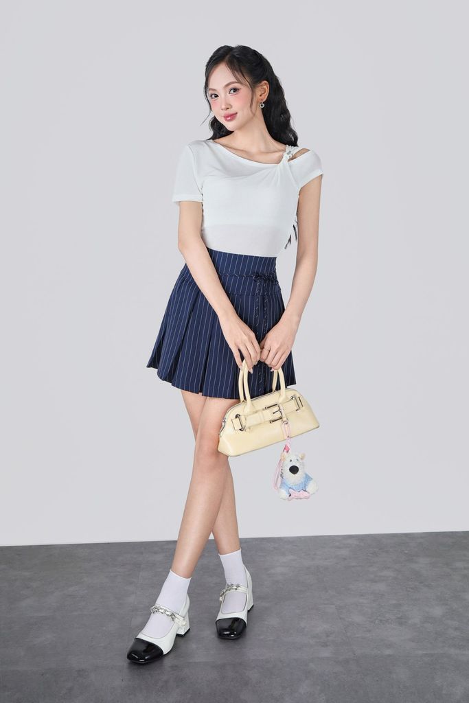 BJN33518 - Chân váy ngắn vải thô kẻ cạp cao thân váy xếp ly tạo kiểu - JAN.