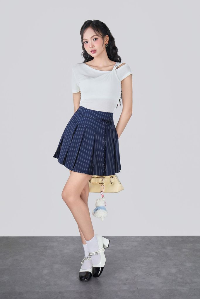 BJN33518 - Chân váy ngắn vải thô kẻ cạp cao thân váy xếp ly tạo kiểu - JAN.