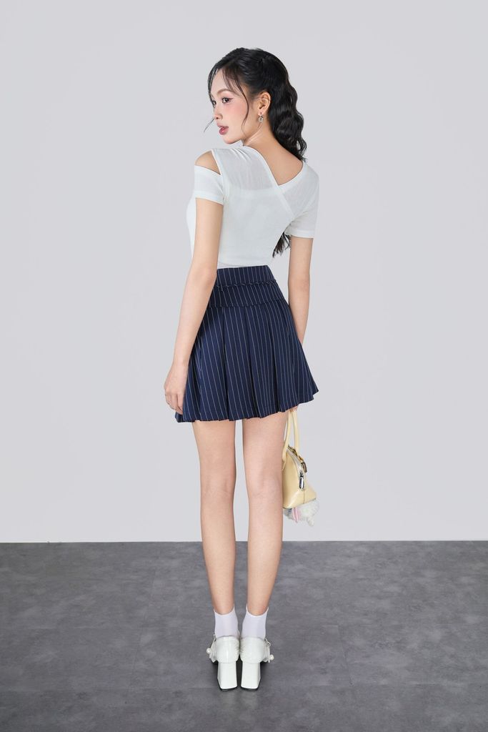 BJN33518 - Chân váy ngắn vải thô kẻ cạp cao thân váy xếp ly tạo kiểu - JAN.