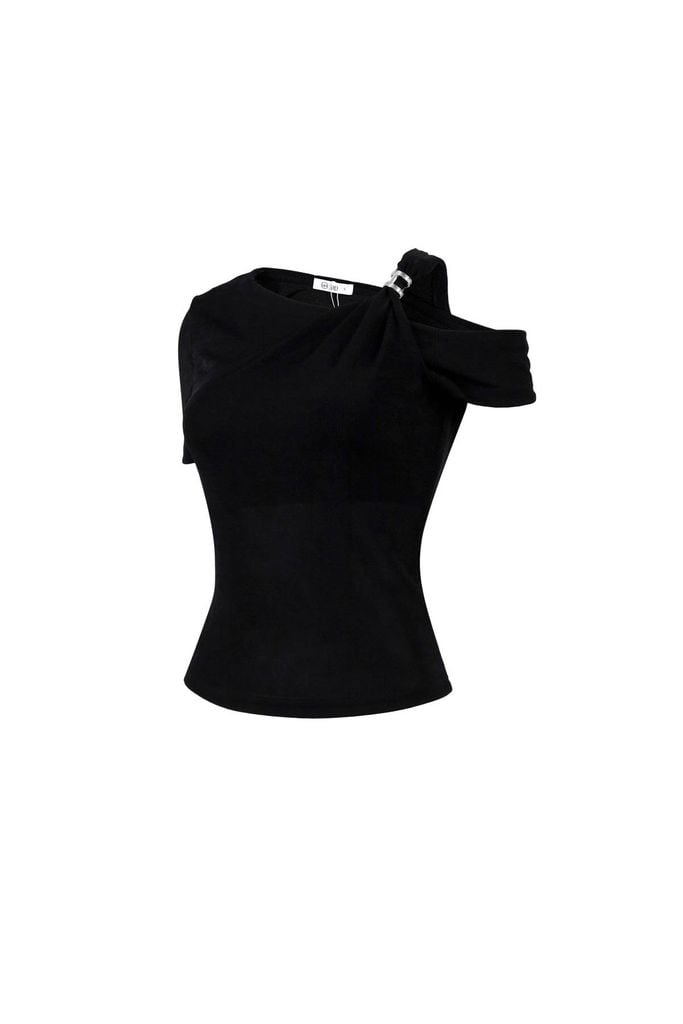 FAT3565 - Áo thun cao cấp vải len dáng ôm cổ kiểu trễ vai phối vạt trang trí kim loại - JAN.