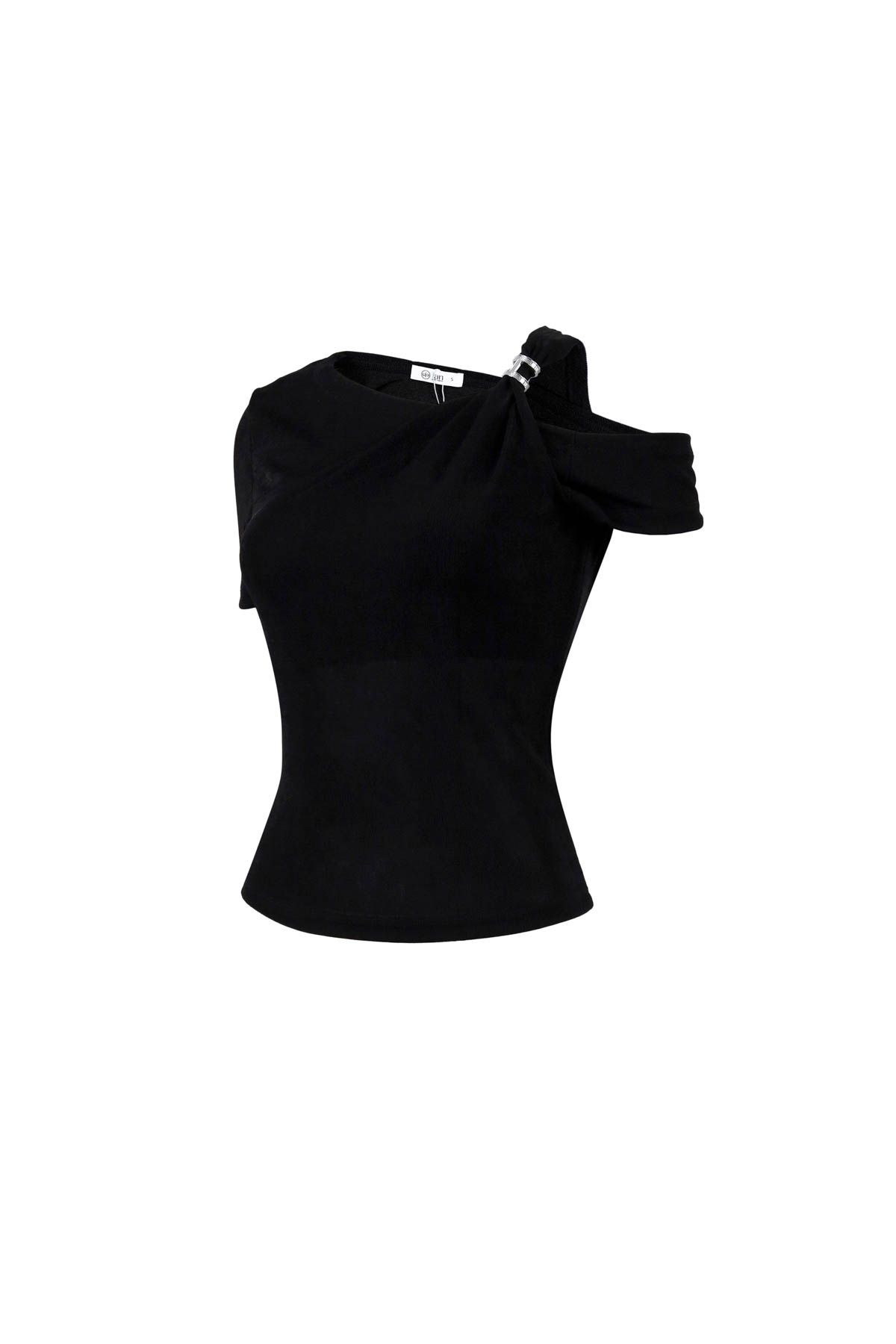 FAT3565 - Áo thun cao cấp vải len dáng ôm cổ kiểu trễ vai phối vạt trang trí kim loại - JAN.