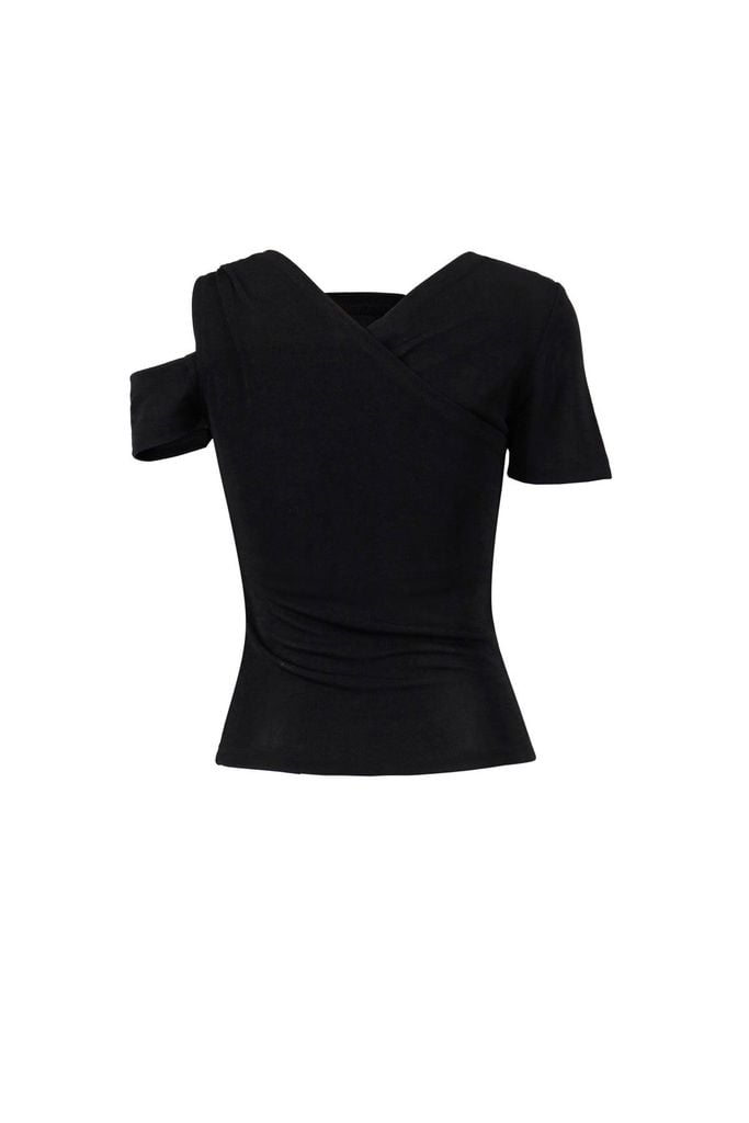 FAT3565 - Áo thun cao cấp vải len dáng ôm cổ kiểu trễ vai phối vạt trang trí kim loại - JAN.