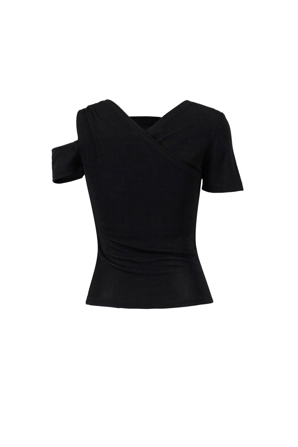 FAT3565 - Áo thun cao cấp vải len dáng ôm cổ kiểu trễ vai phối vạt trang trí kim loại - JAN.