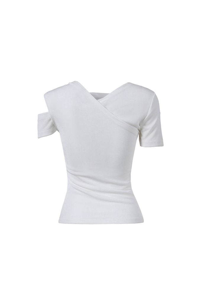 FAT3565 - Áo thun cao cấp vải len dáng ôm cổ kiểu trễ vai phối vạt trang trí kim loại - JAN.