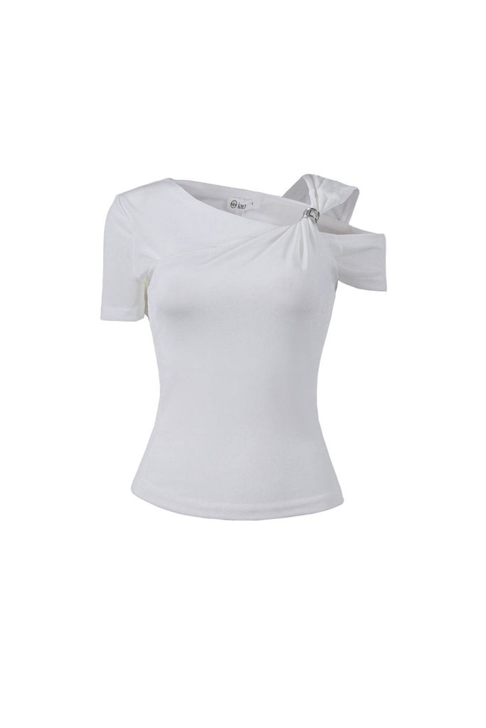 FAT3565 - Áo thun cao cấp vải len dáng ôm cổ kiểu trễ vai phối vạt trang trí kim loại - JAN.