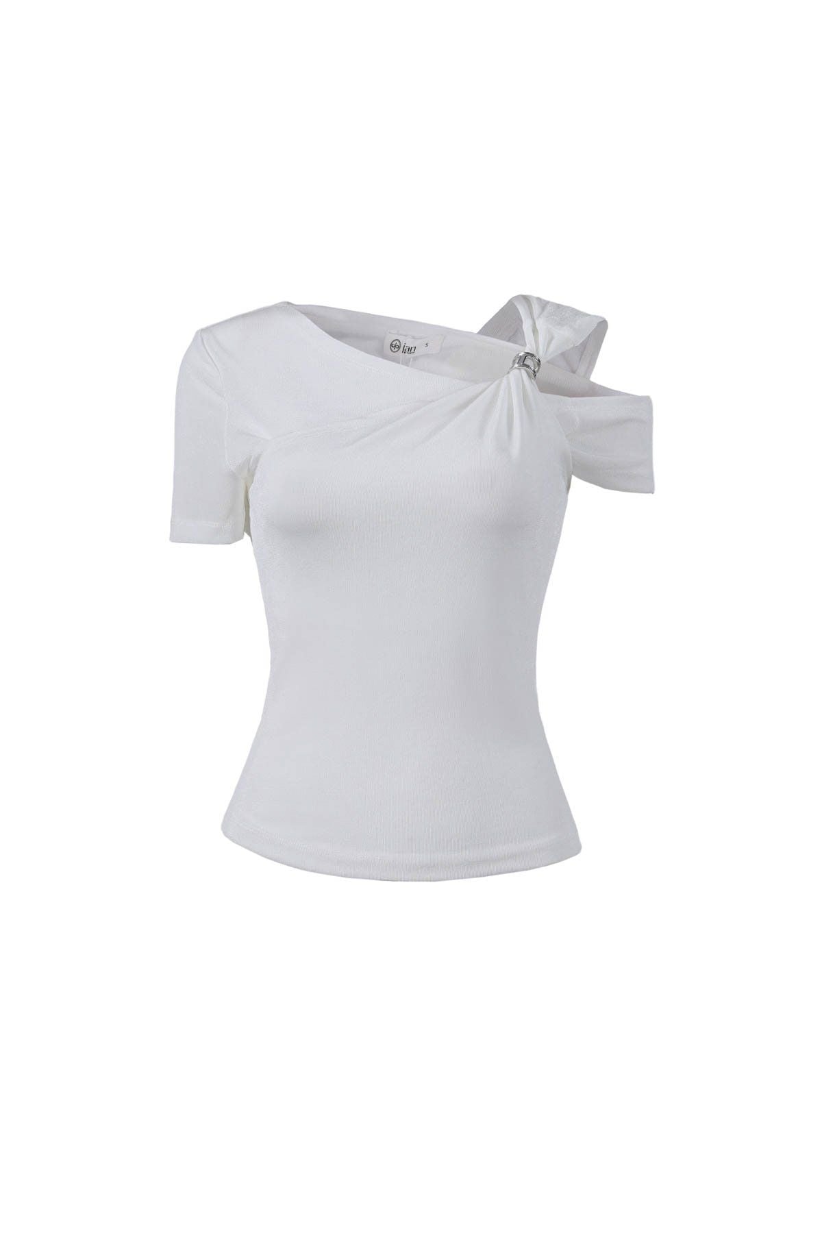 FAT3565 - Áo thun cao cấp vải len dáng ôm cổ kiểu trễ vai phối vạt trang trí kim loại - JAN.