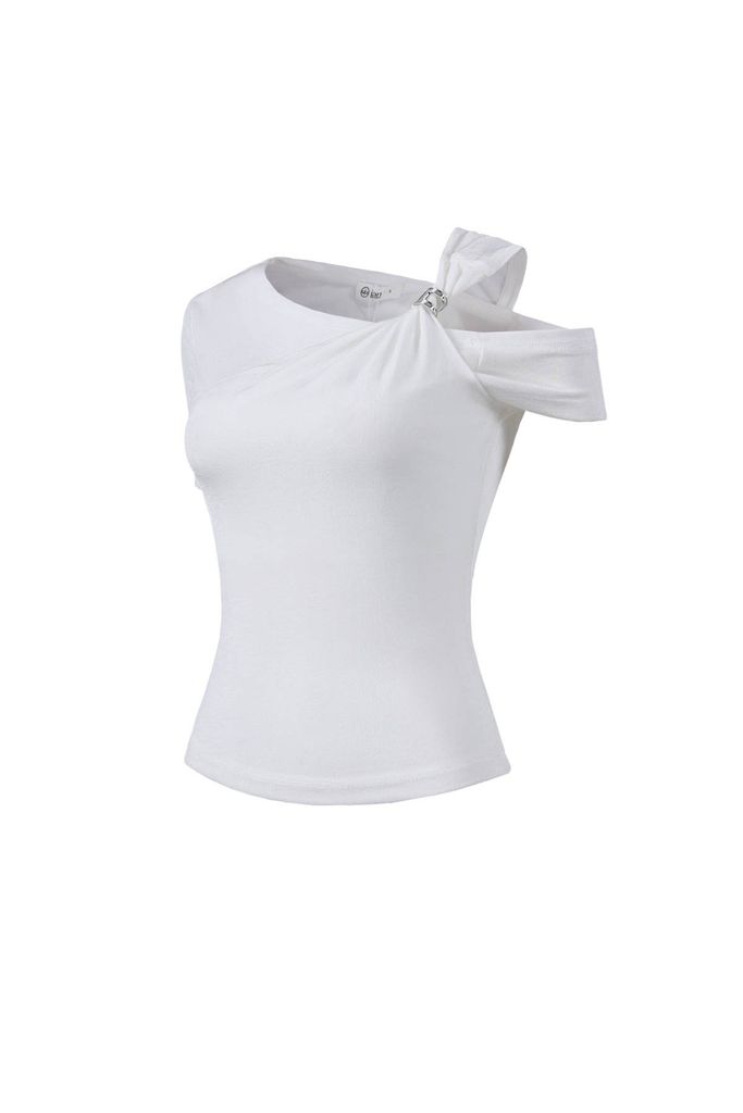 FAT3565 - Áo thun cao cấp vải len dáng ôm cổ kiểu trễ vai phối vạt trang trí kim loại - JAN.