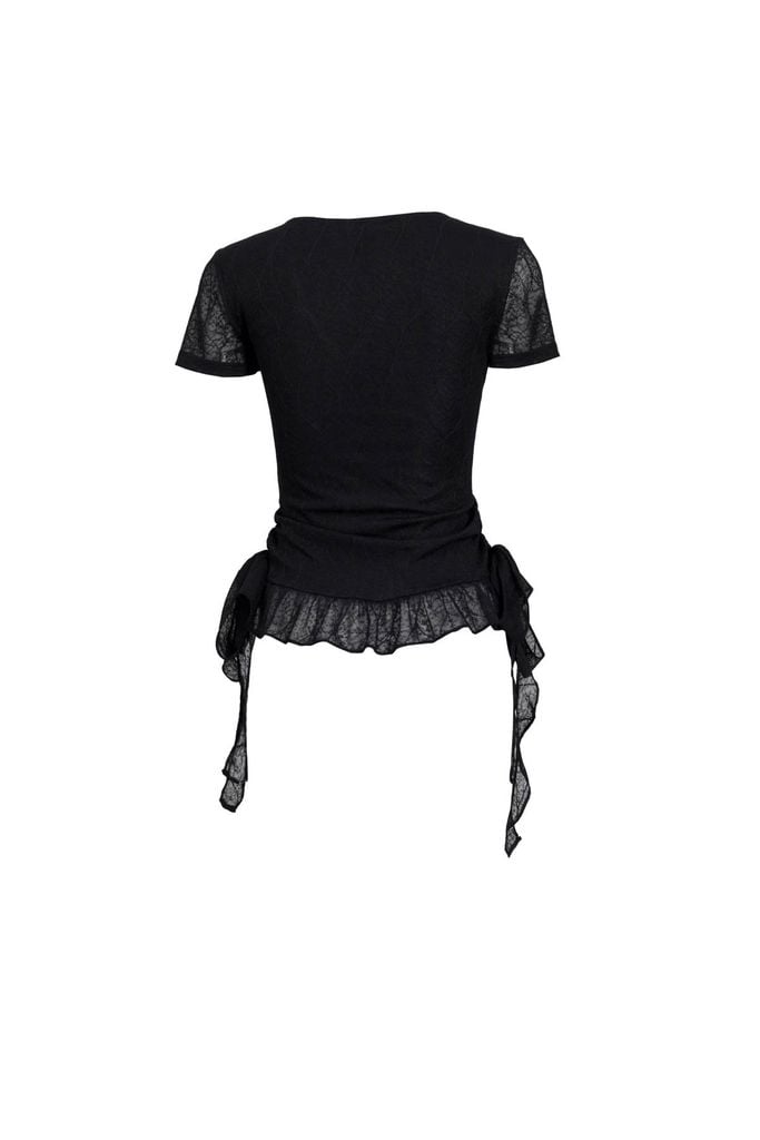 FAT3567 - Áo thun vải ren lưới hai lớp cổ xẻ V gấu áo đính ren tạo kiểu bên hông thắt dây nơ thời trang - JAN.