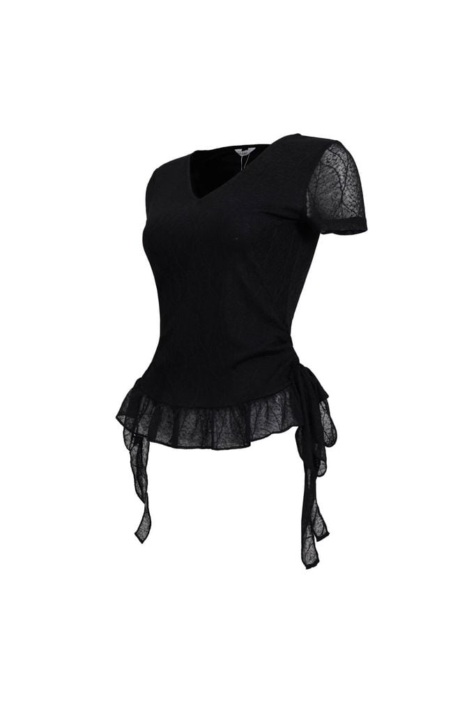 FAT3567 - Áo thun vải ren lưới hai lớp cổ xẻ V gấu áo đính ren tạo kiểu bên hông thắt dây nơ thời trang - JAN.